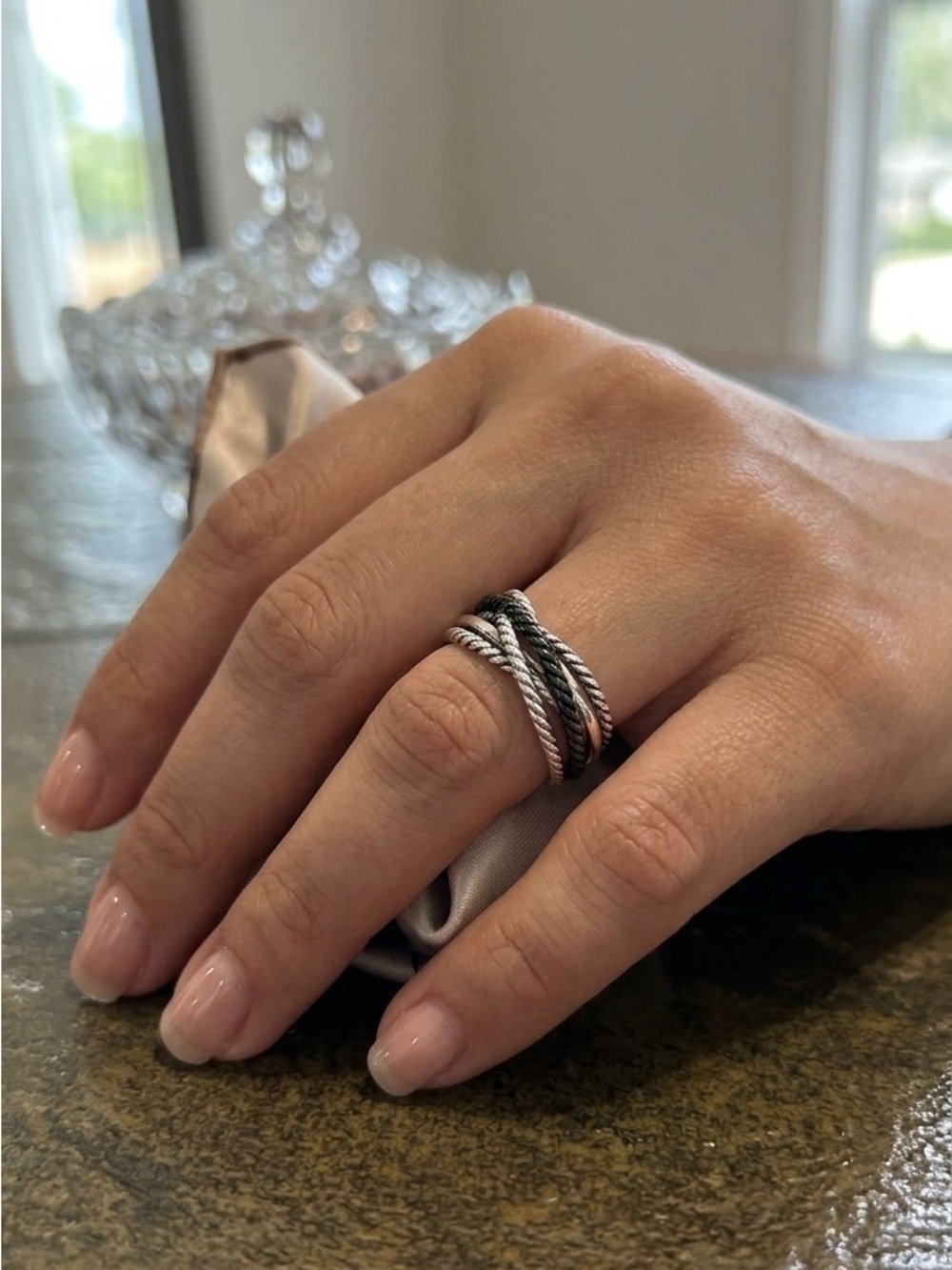 Vintage 925 Silver Stacked Twisted Rope Ring - Bkack CZ Stone sz 6